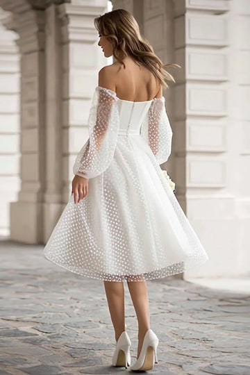 Ivory Polka Dot A-Line Off The Shoulder Bridal Shower Dress With Removable Sleeves